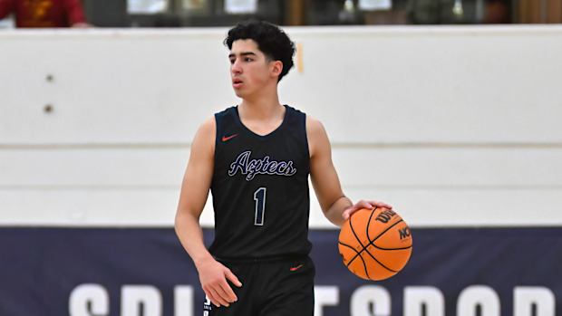 Montgomery junior Xair Mendez dribbles up the court during December's Torrey Pines Holiday Classic